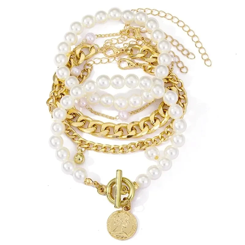 بوهو موضة أساور للنساء خمر هندسية تقليد اللؤلؤ رأس الإنسان عملة قلادة الذهب اللون مجوهرات هدية ل فيما