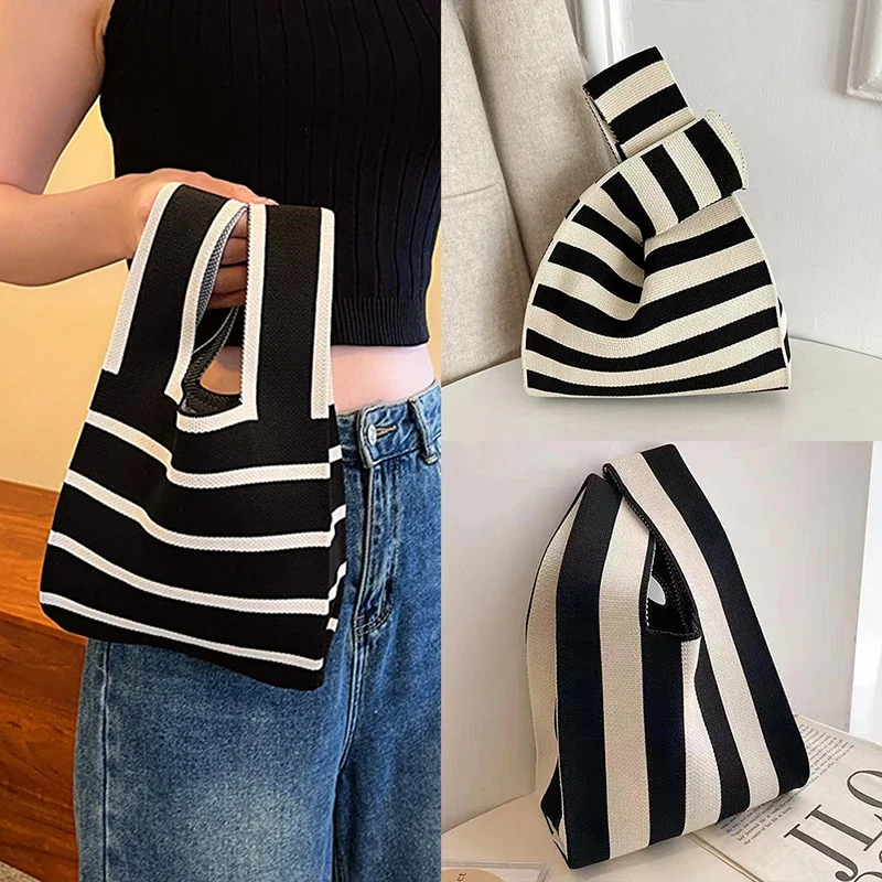 Handmade Knit Handbag Women Mini Knot Wrist-bag Female Casual Color Wide Stripe Plaid Tote Bag Student Reusable Shopping Bag