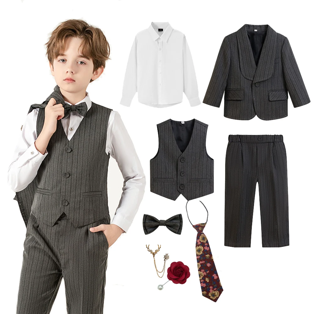 Newest Kids Suit Set 2-14 Years Single Button Boy's 4 Pieces Formal Suits Blazer Vest Pants Wedding Guest Tuxedo Piano Suit