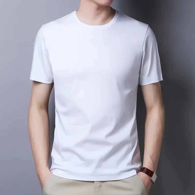 Summer Middle-aged Men's Double Mercerized Cotton Round Neck Short-sleeved T-shirt Solid Color Korean Version Men's T-shirt