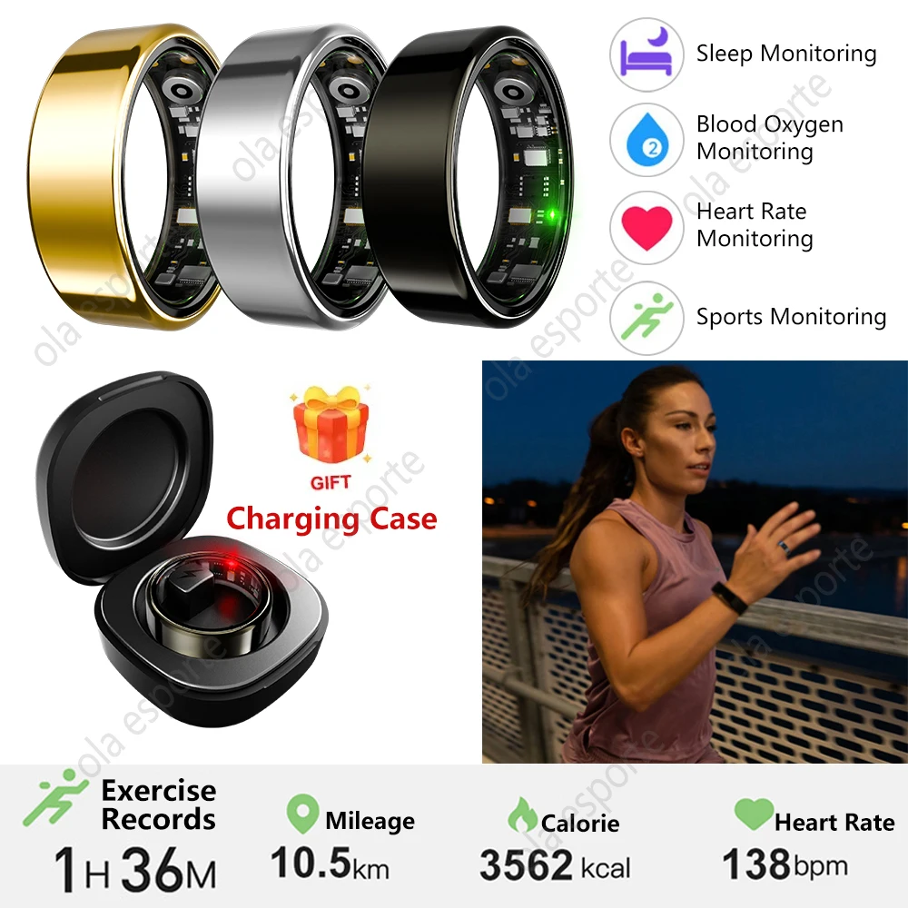 

Смарт-кольцо для Android для мужчин и женщин с чехлом для зарядки, пульс, кислород в крови, мониторинг сна, фитнес-кольца, несколько спортивных режимов