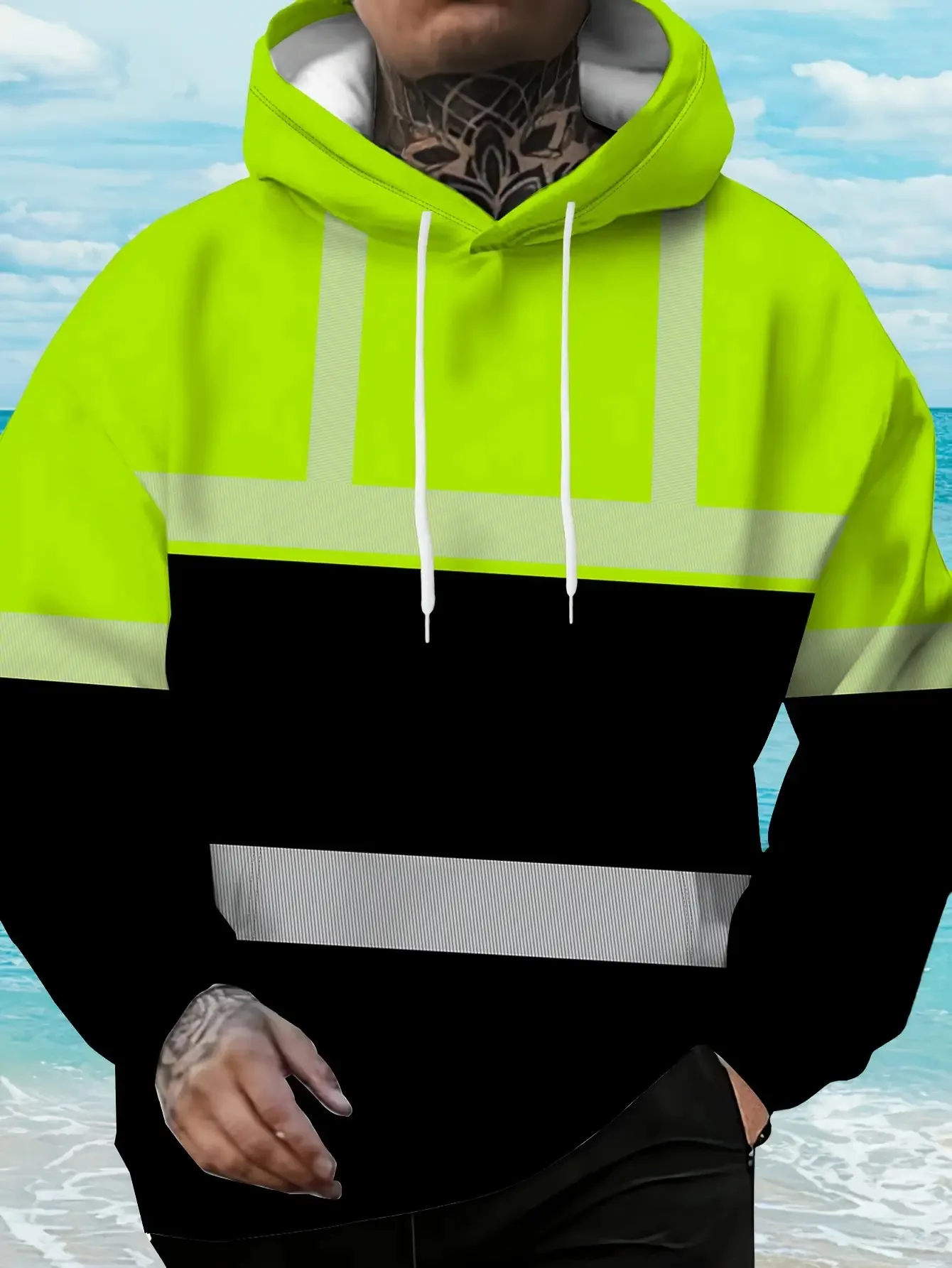 Men Hoodie Autumn High Visibility Reflective Stripe Print Long Sleeve Pullover Fashion Casual Daily Work Tops Men's Clothing
