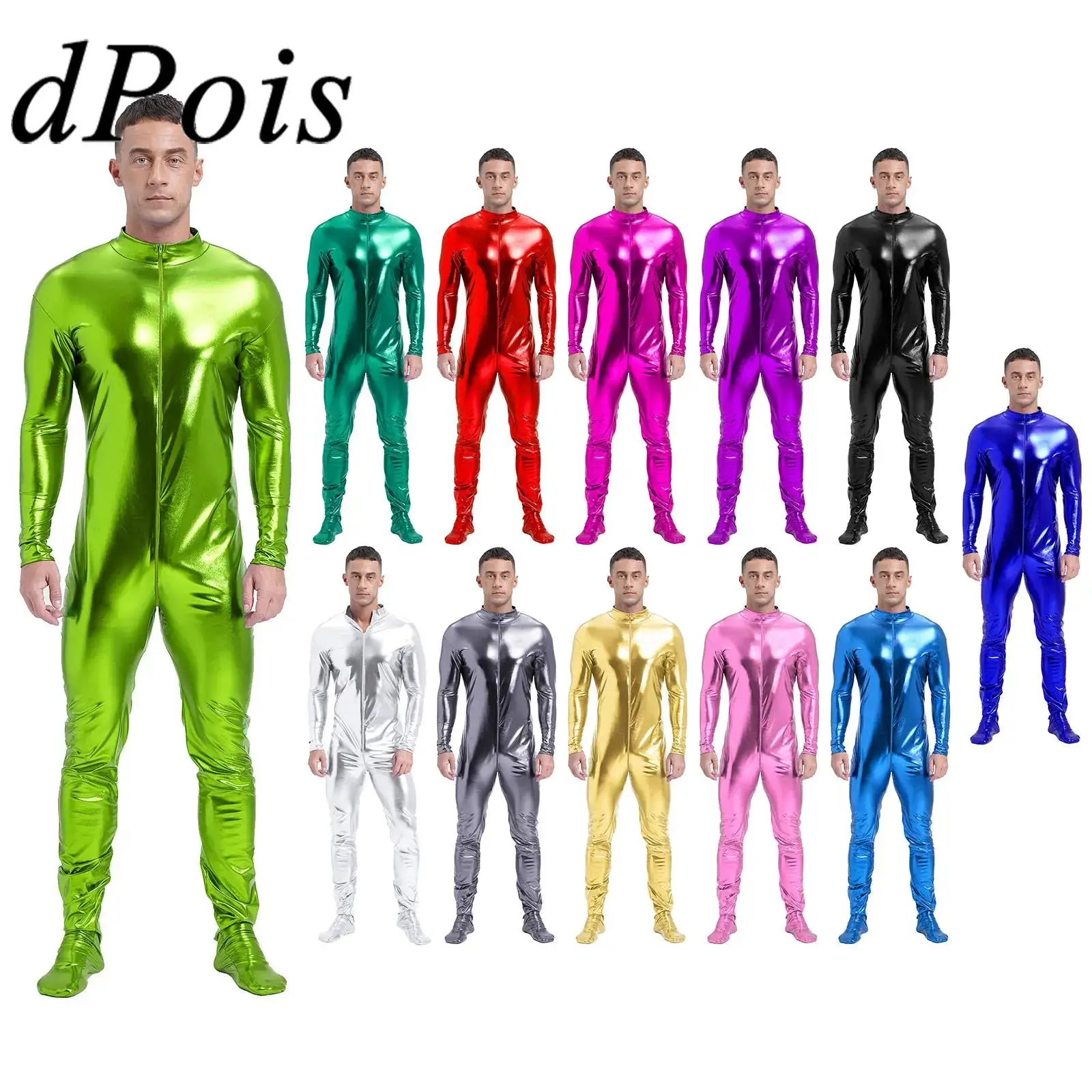 Mens Zentai Shiny Metallic Jumpsuit Long Sleeve Leotard Front Zipper Full Body Unitard Tights For Performance Stage Clubwear