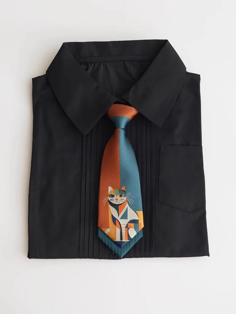

High Quality Men Women Designer Vintage Cartoon Cat Jacquard Knot-free Ties For Shirt Boy Girls Performance Necktie Tie TB610