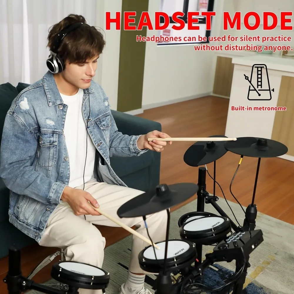 Electric Drum Set with Quiet Mesh Pads,Electronic Drum for Beginner,USB MIDI,Throne,Headphones,Sticks, Included 15 Kits