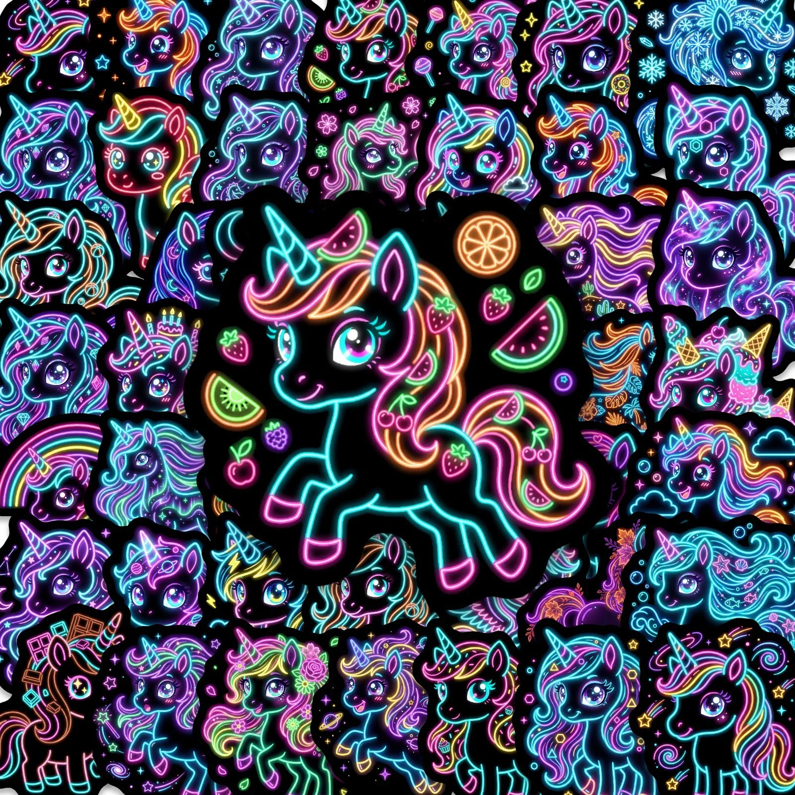 50/100 Stück Cartoon Neon-Einhorn-Aufkleber Kreative Niedliche Regenbogen-Pferd Dekorative Materialien Wasserfeste Graffiti-Sticker