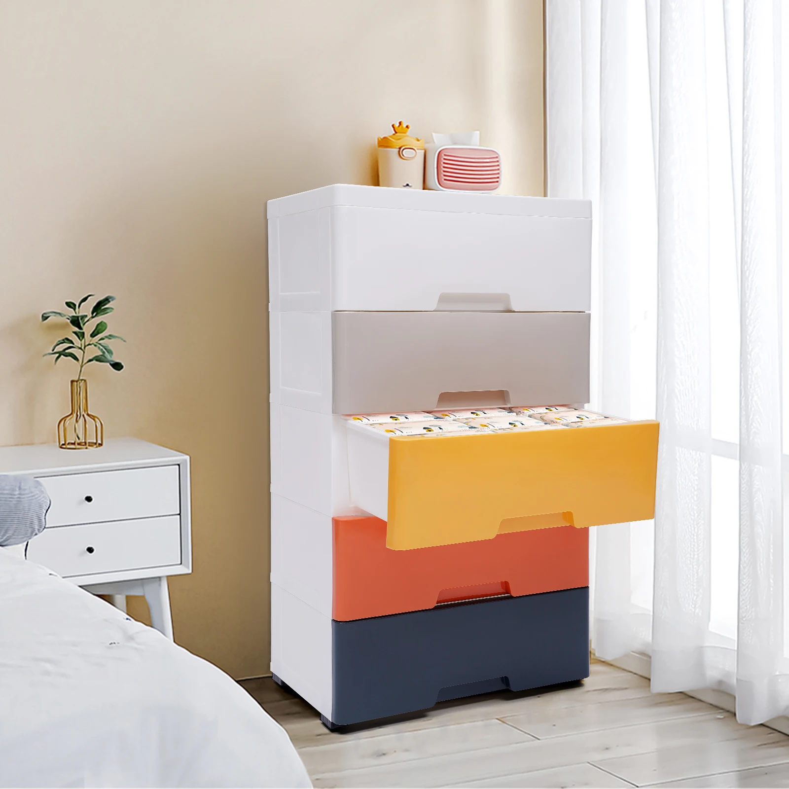 

5 Drawer Stackable Vertical Clothes Storage Tower Plastic Drawers Dresser Cabinet, Bedroom Tall Small Chest Closet