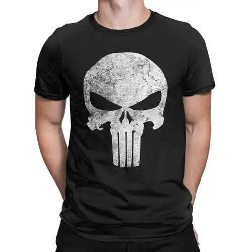 Imagen 2 del producto Camisetas desgastadas con símbolo de calavera Punisher de cómics, camiseta divertida de algodón puro para hombre, camiseta con cuello redondo, ropa de talla grande