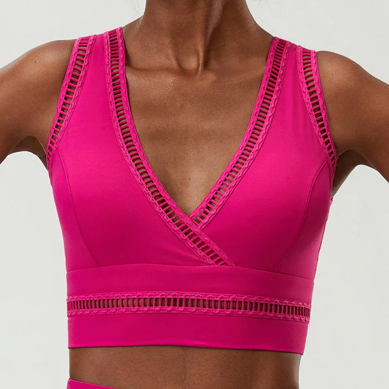 High Elastic Hollow Trim V Neck Sports Bra Women Plus Size Beauty BackYoga Tank Top Athletic Vest For Pilates Running Training 5