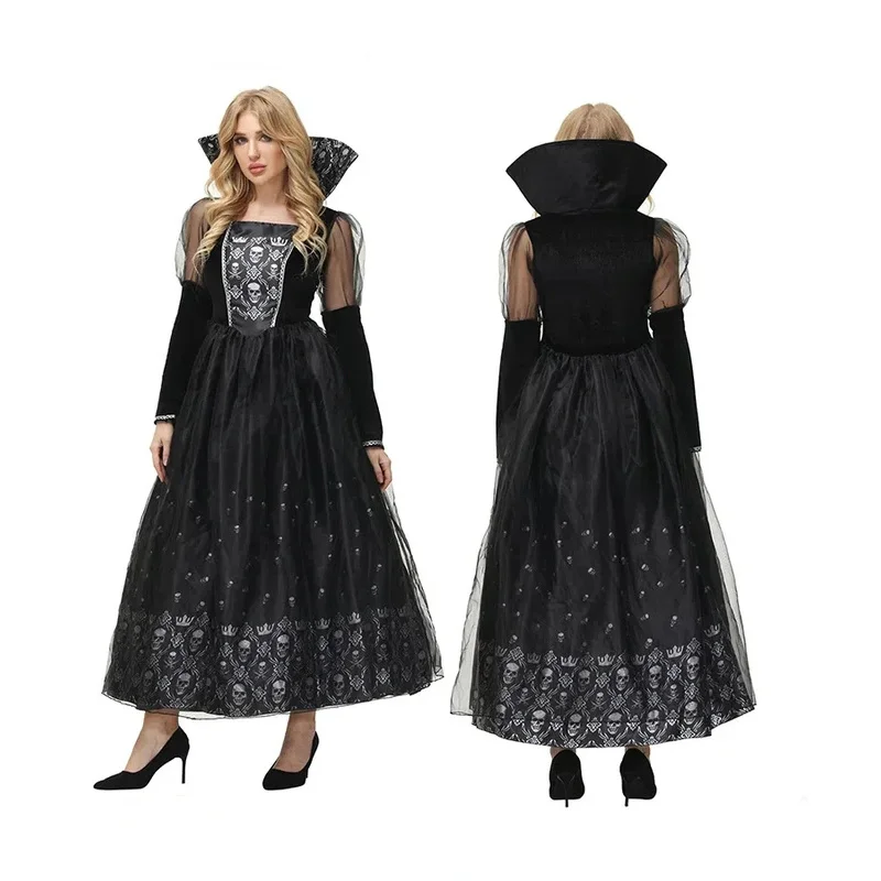 Kostum Penyihir Halloween untuk Wanita Dewasa Kerangka Vampir Menakutkan Hitam Horor Hantu Kematian Cosplay Gaun Mewah Pesta Karnaval Kn.7
