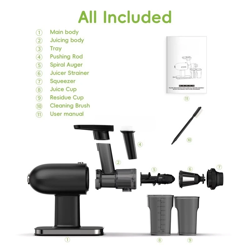 Stainless steel body, large capacity 1500ml, with pulp container, slow juicer