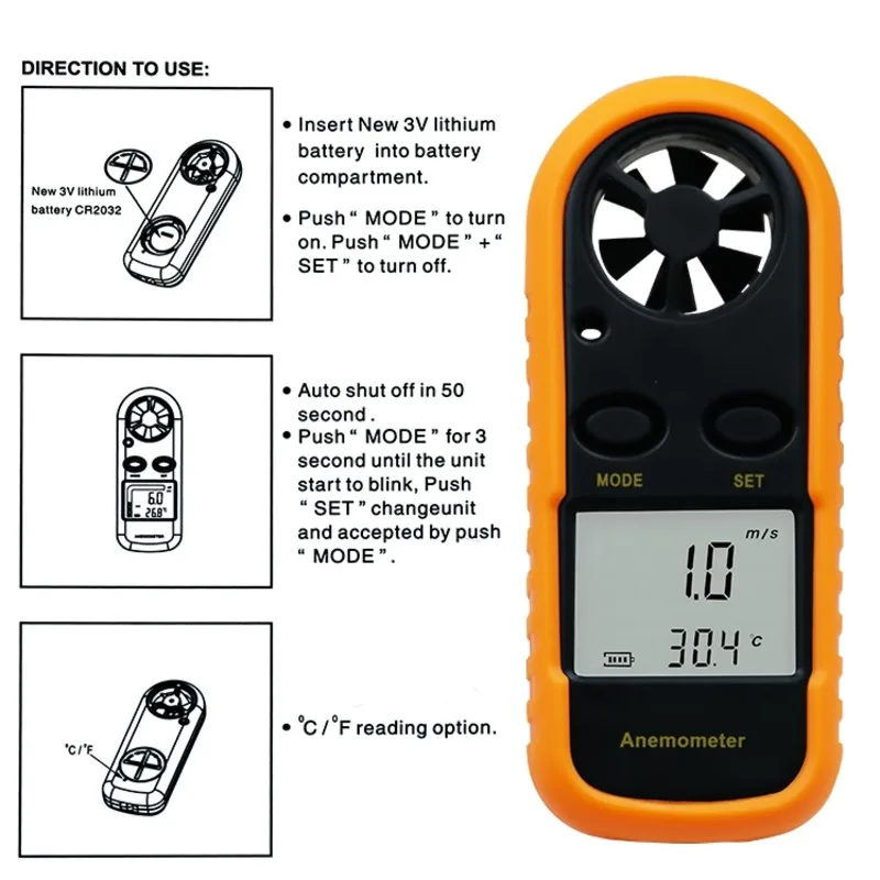 Cyfrowy podręczny anemometr miernik prędkości wiatru Anemometro 30 m/s urządzenie do pomiaru temperatury-10 ~ 45C miernik wiatru podświetlenie LCD