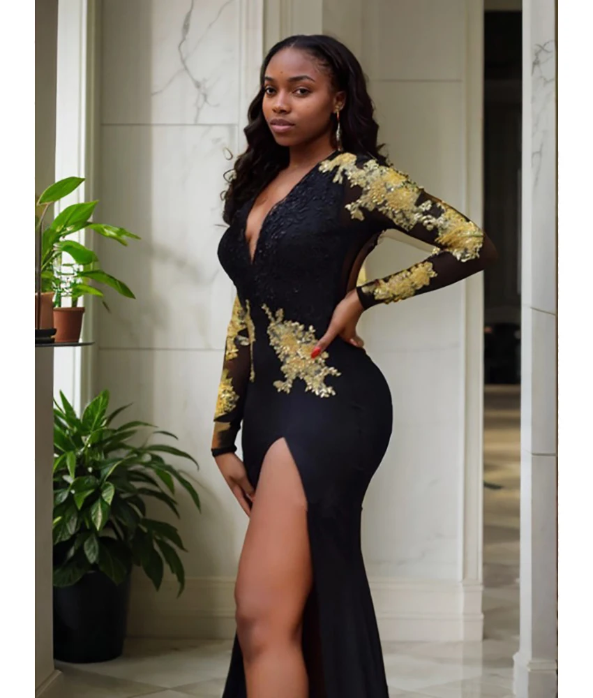 

Customized Sexy Jersey Mermaid Appliques Evening Dress Temperament Long Sleeves V-Neck Floor Length Special Occasion Gowns