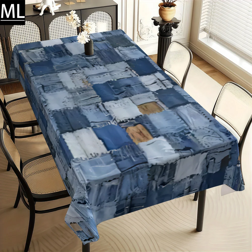 1pc Party Tablecloth/Dining Table Set - Denim Patchwork Texture Irregularly Stitched Artistic Tablecloth