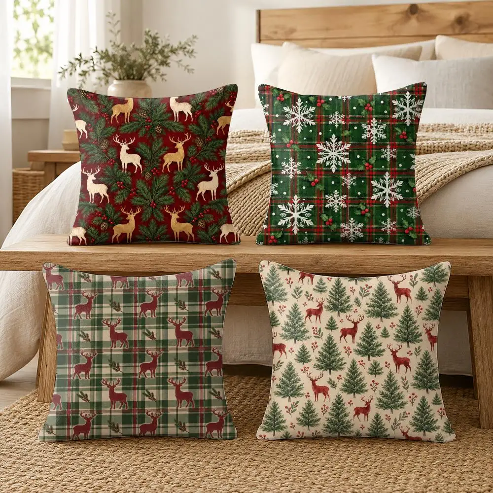 Plaid & Check Christmas Cushion Cover Soft Short Plush Pillow Cases Hidden Zipper Cutecore Sofa Bedroom Home Decor Gift