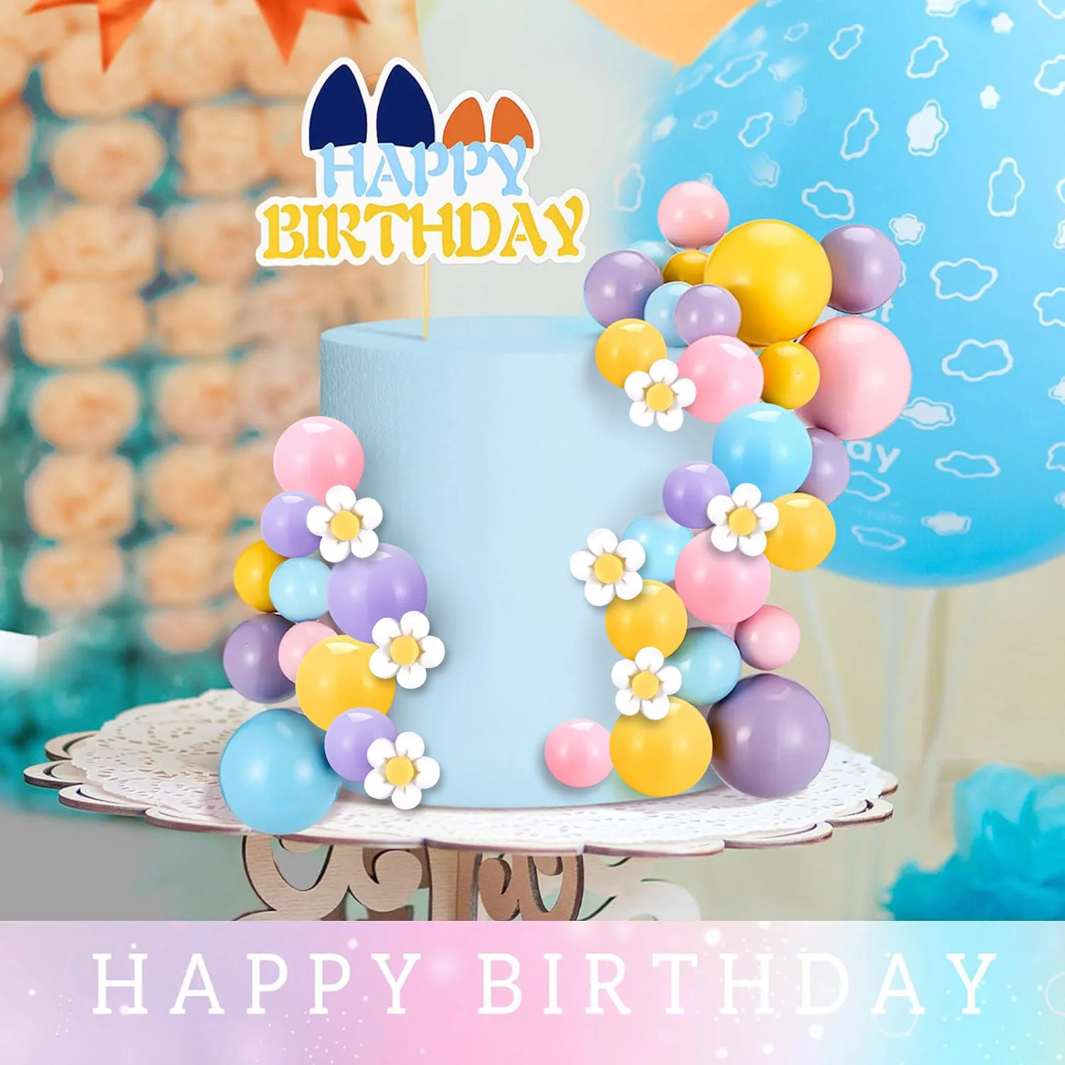 63Pcs Blue Dog Cake Toppers with Balls and Flowers for Birthday Decoration Groovy Pastel Cupcake Inserts Hippie Wedding Party