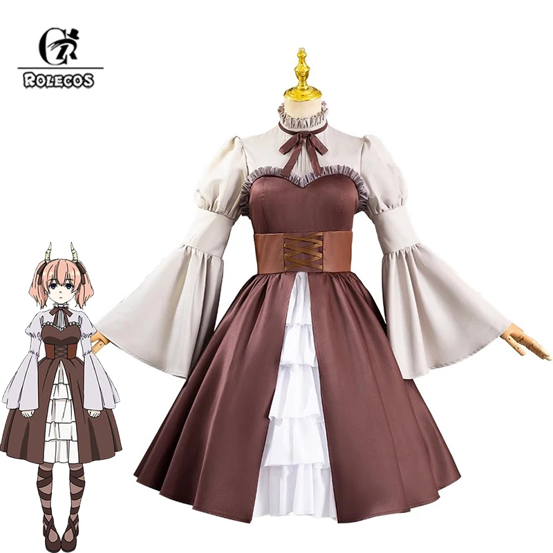 

ROLECOS Anime Sousou no Frieren Linie Cosplay Costume Women Brown Lolita Vintage Renaissance Dress Halloween Suit With Horn