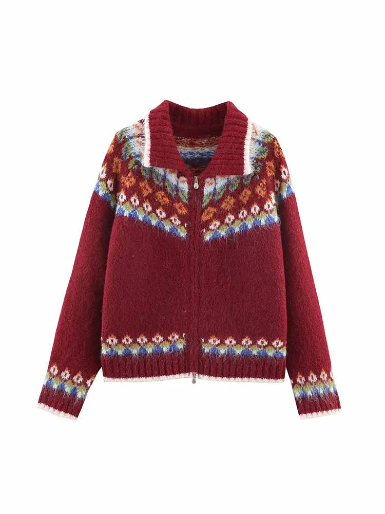 

HH Woman Winter Fashion Long Sleeves Zipper Lapel Warm Jacquard Decoration Knitted Cardigan Female Casual Versatile Cardigan