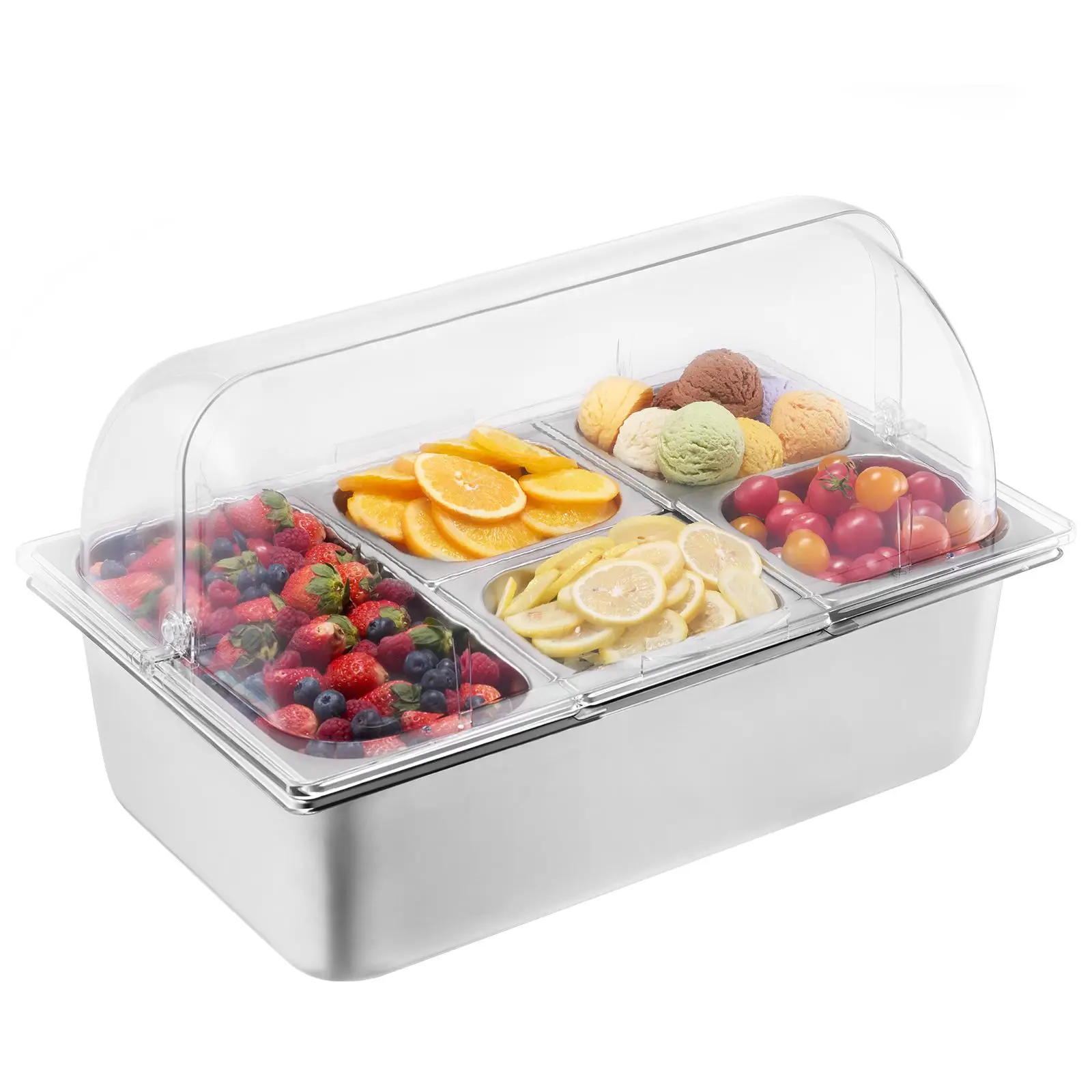 Countertop Food Serving Display Container, 5 Pan Stainless Steel Tray, Buffet Condiment Dispenser Rack with Clear Lid & 3