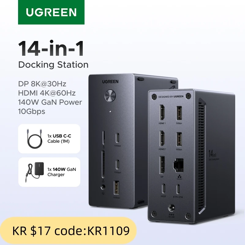 

UGREEN 14-in-1 USB HUB Docking Station Type-C to 4K120Hz DP 4K60Hz 2xHDMI SD/TF RJ45 10Gbps USB-A/C PD Charging DC for Laptop PC