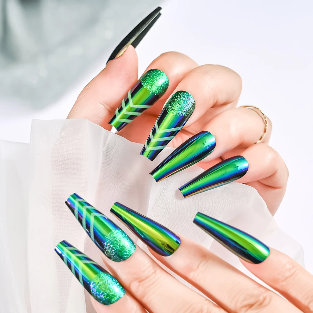 Press on Nails -120Pcs Chrome Magic Mirror Effect Green Purple False Nails Metallic Punk Long Coffin Reusable Wear Fake Nails