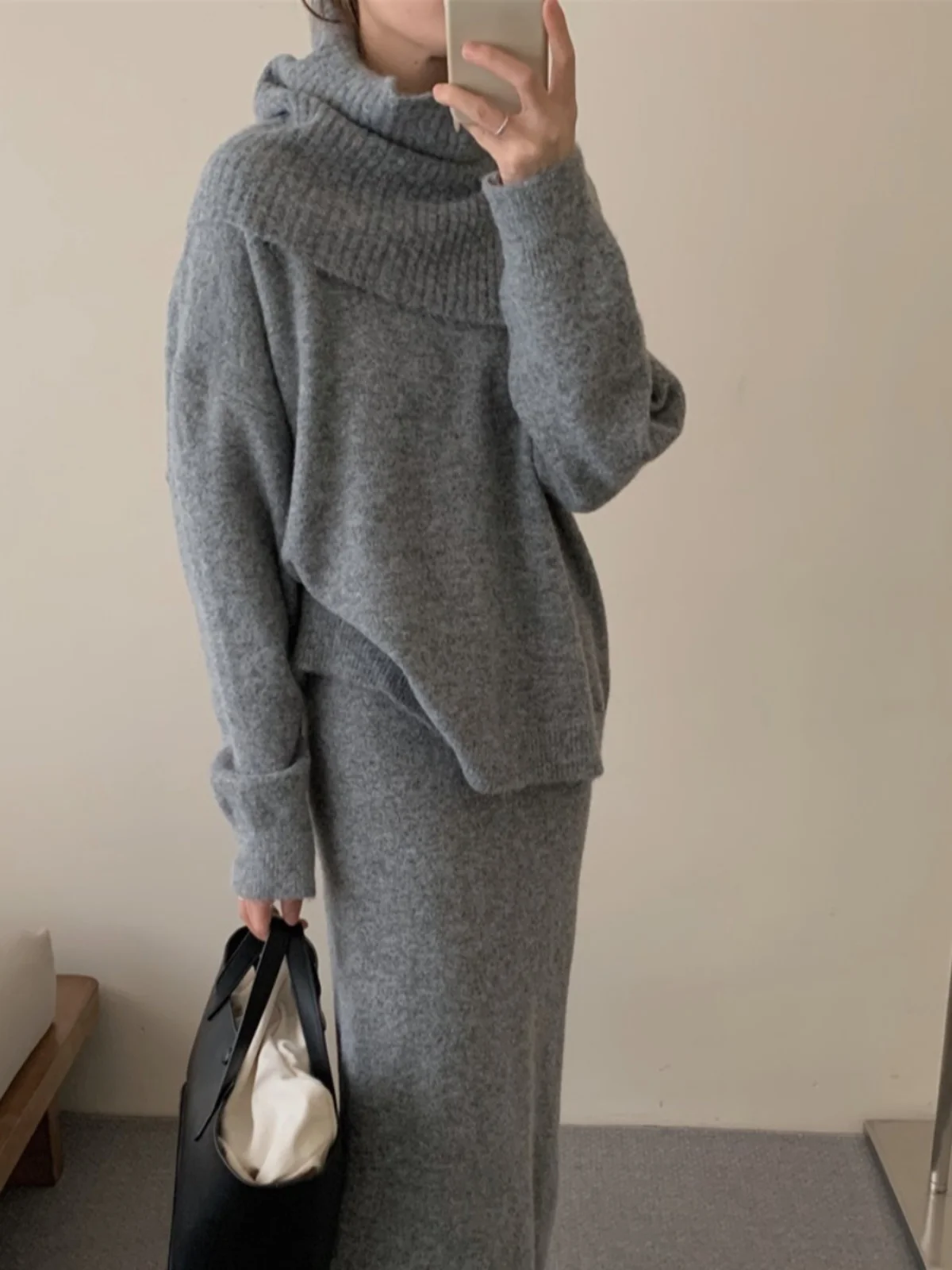 부드럽고 아늑한 넥워머 니트 스웨터 겨울 상의 하프 스커트 투피스 세트 한국 스타일 루즈핏 긴팔 라운드넥