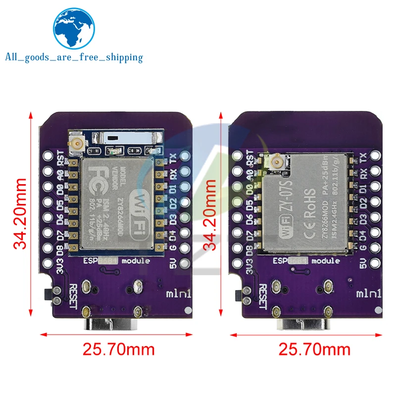 TZT D1 Mini TYPE-C ESP8266 ESP-07/07S CH340G USB D1 Mini WIFI Development Board D1 Mini NodeMCU Lua IOT Board 3.3V With Pins