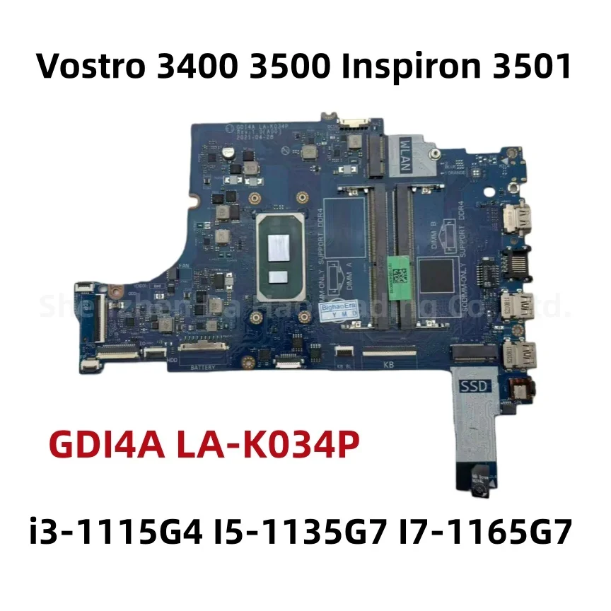 Placa base para ordenador portátil GDI4A LA-K034P CN-0PY8NM 0PY8NM 0XGX0C para Dell Vostro 3400 3500 Inspiron 3501 con CPU i3-1115G4 I5-1135G7