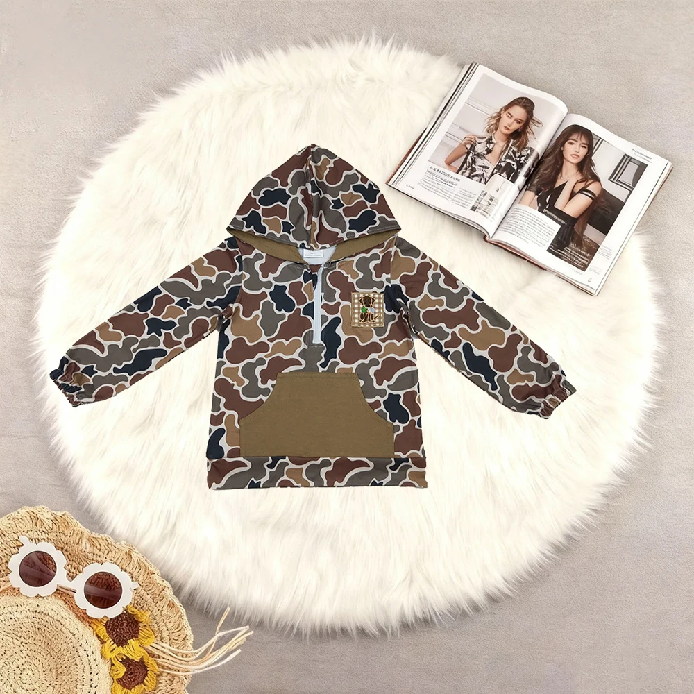 

10.11 Baby Boys Clothes Embroidery Dog Duck Baby Boys Brown Camo Pocket Zip Hunting Hoodies