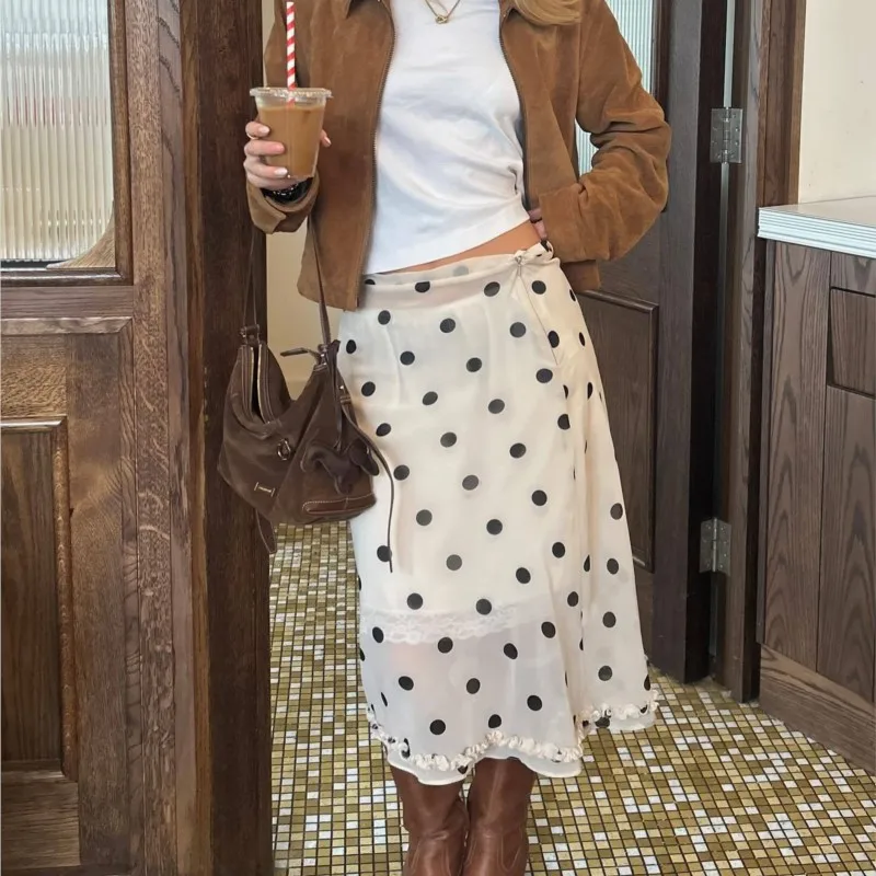 Vintage Polka Dot High Waist Skirt For Women Satin Lace Splice Perspective Skirt Office Lady Elegant A-line Skirts 2025 Summer