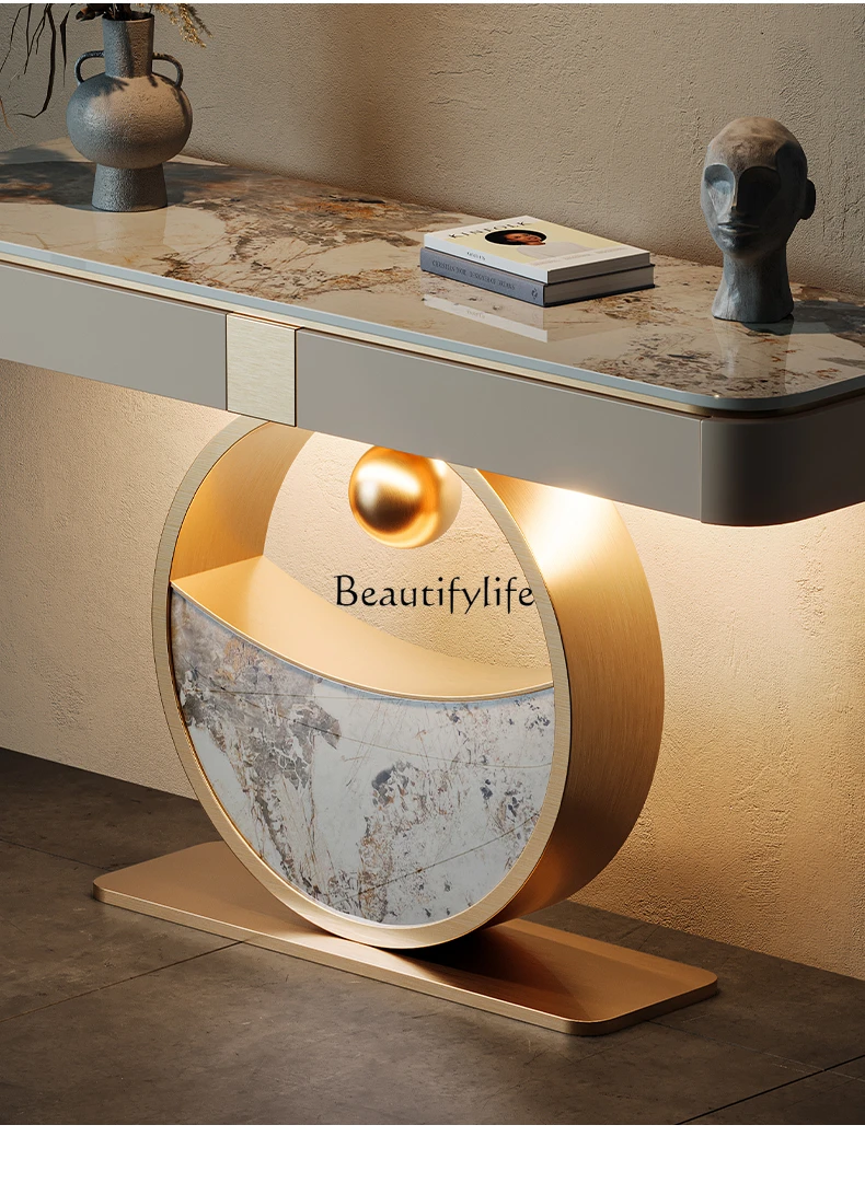 Light luxury rock slab entrance table against the wall, living room decoration end view table