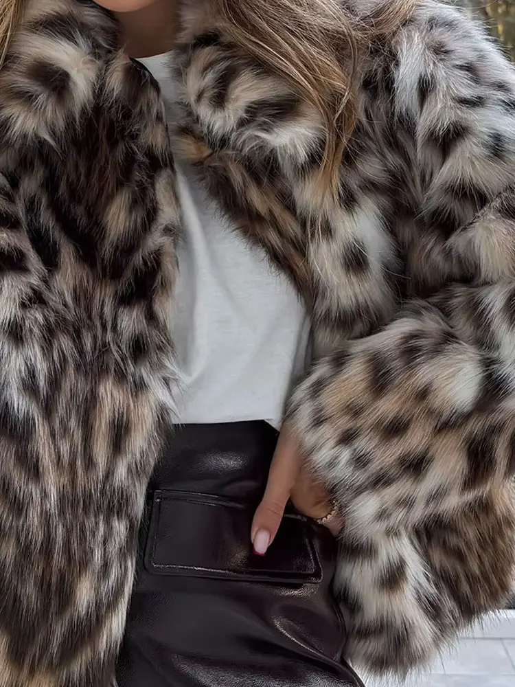 HH 2024 Female Winter Vintage Leopard Printed Fur Coat Long Sleeves Lapel Loose Warm Retro Jacket Causal Street Coats