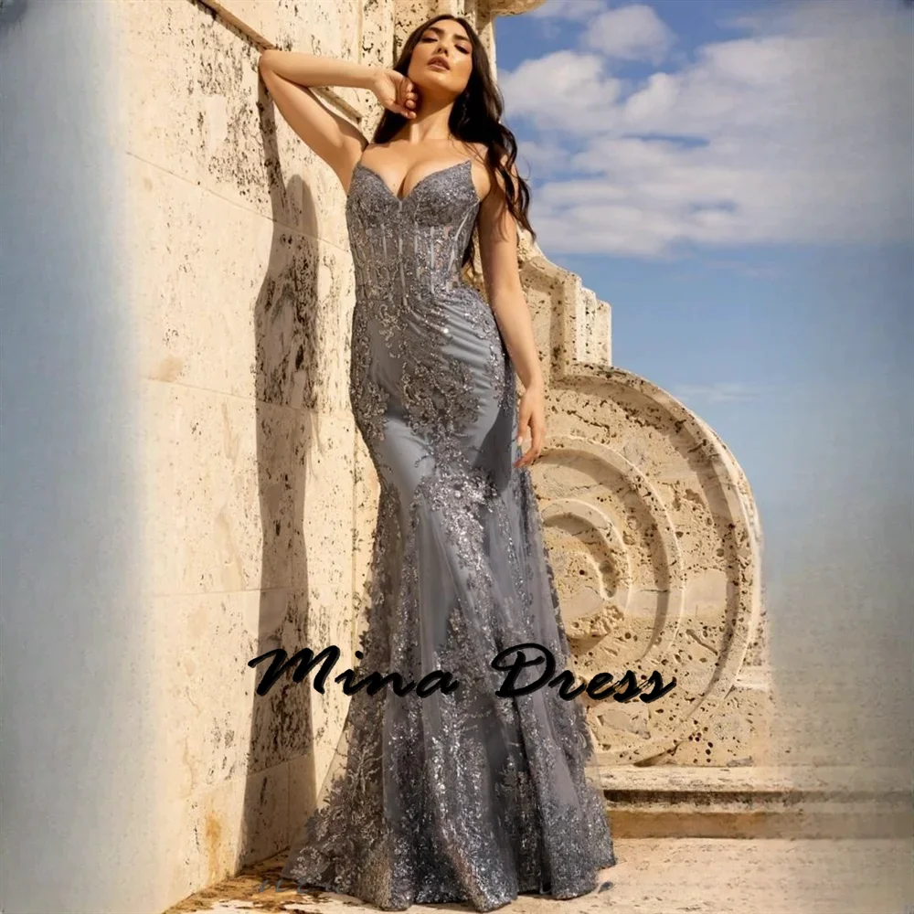 

Mina-2024 -Embroidered sequin luxurious mermaid dress, thin shoulder strap graduation dress, gray