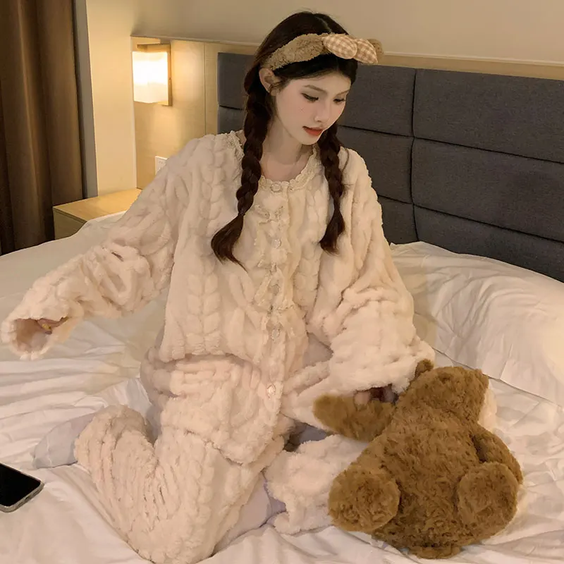 

Pajama Sets Unisex Women Pockets Detail Rayon Sleep Set Long Sleeve Crew Neck Ankle Length Autumn Winter Convenient Practical OL
