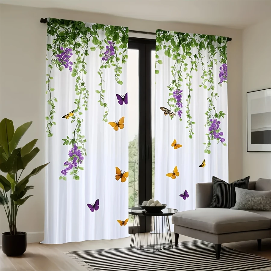 2PCS Digital Print Curtains, Purple Wisteria Dancing Butterflies, Elegant Floral Vine Decor Romantic Flying Insect Garden Drapes