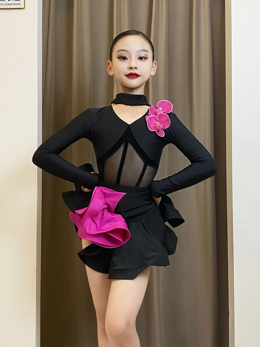 1set/lot classic style children rose flower latin dancing costumes girl sexy patchwork cha cha tango dancing costumes