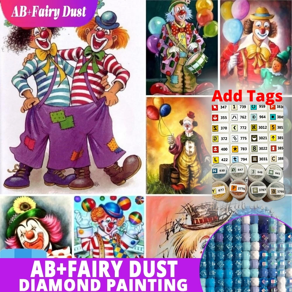 

С наклейкой с символом AB Fairy Dust DIY Алмазный мультяшный клоуны Полный квадратный алмазный живопись Набор для вышивки крестом Украшение дома Handi
