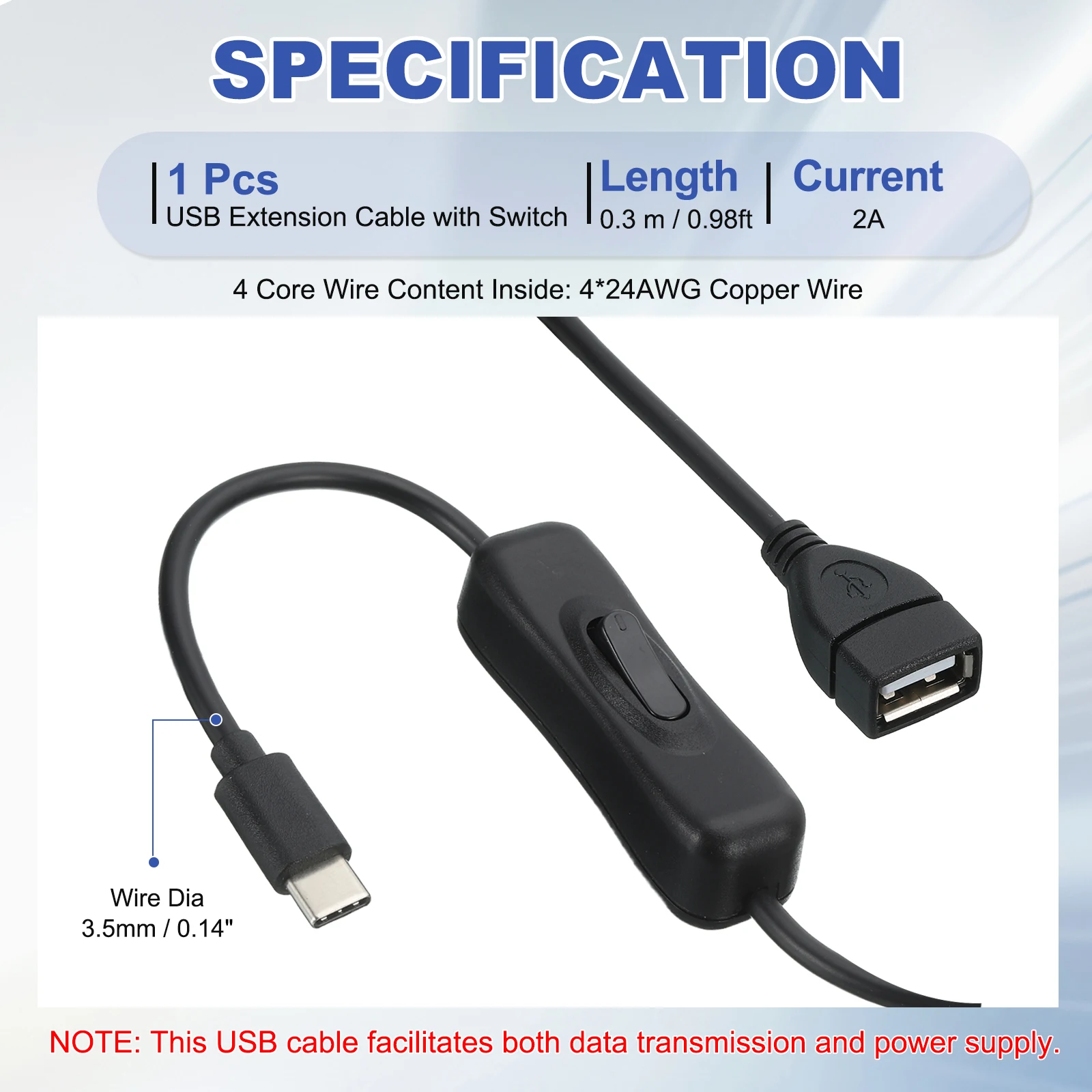 1/2Pcs USB Extension Cable with on Off Switch Type C to USB Female Data Support Power Supply Cord Wire for LED Strip Desk Lamp
