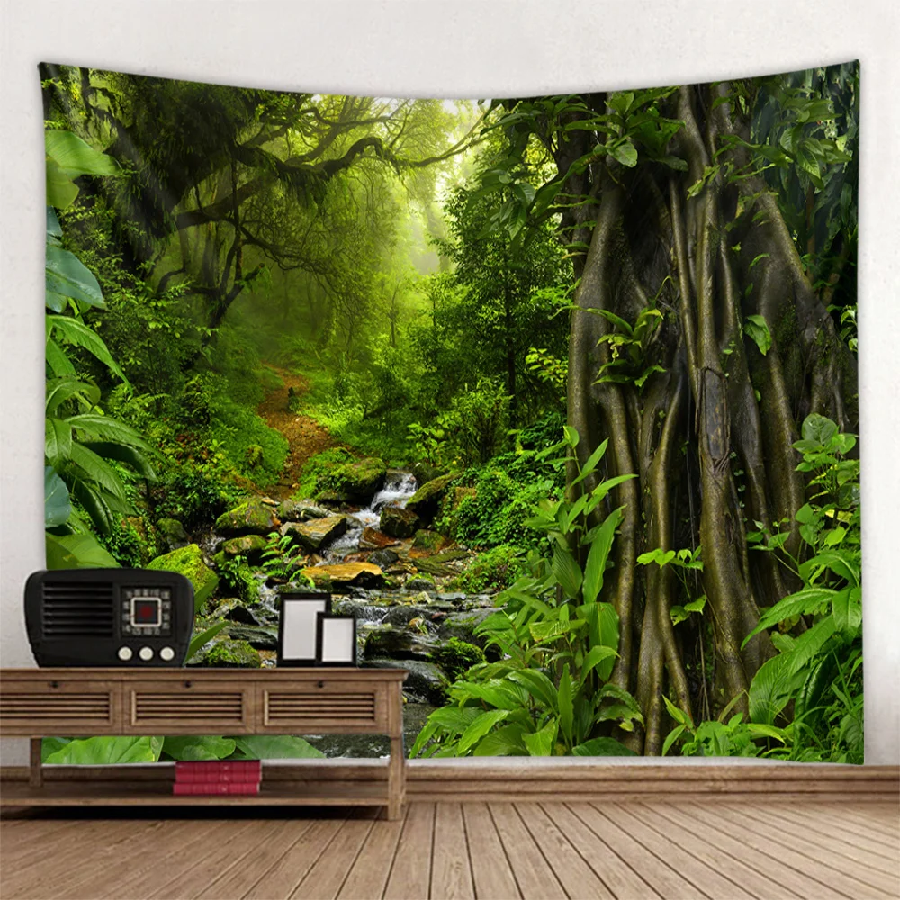 Forest tapestry, wall hanging, forest waterfall landscape, camping tent, mat, bed sheet, home wall art decoration, blanket