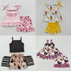 Wholesale Western 2 Pieces Summer Toddler Kid Set Sleeveless Halter Top Tank Children Cow Cactus Shorts Skirt Baby Girl Outfit