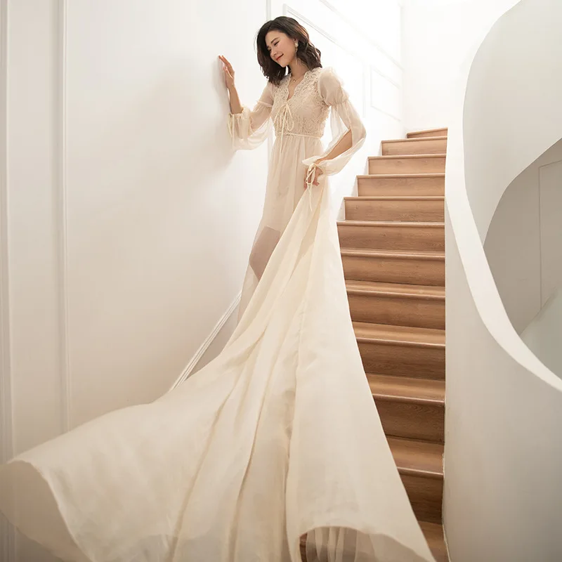 Bride Wedding Bathrobe Set Sexy Lace Nightgown Women Mopping Length Sleepwear Dressing Gown Loungewear Rayon Nighty Robe Suit