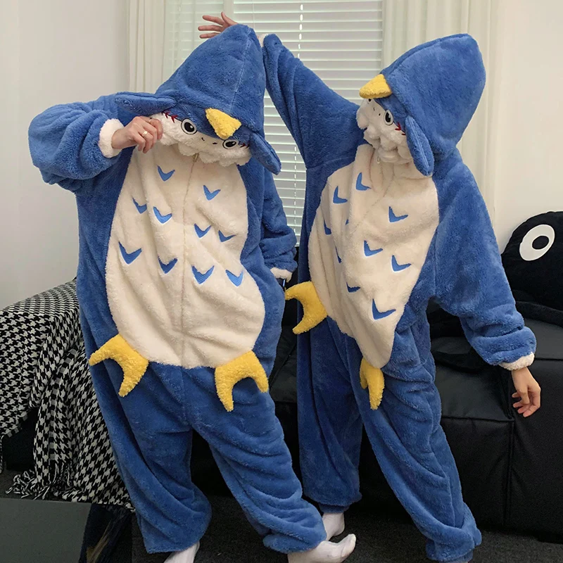 Kigurumis Shark Women Pajamas Men Jumpsuits Sleepwear Winter Thicken Couples Hooded Pyjamas Coral velvet Onesie Soft Zipper Suit