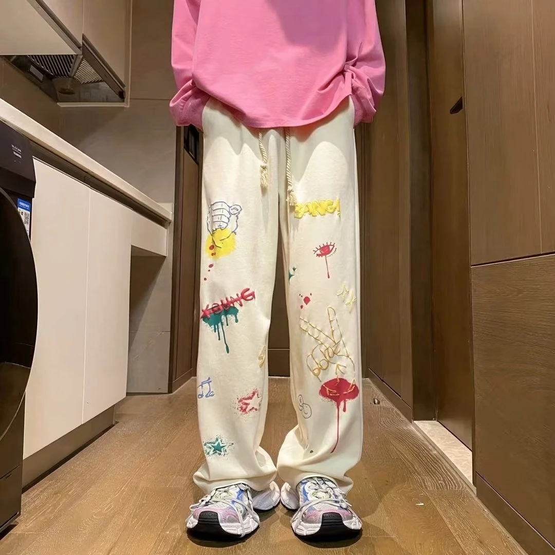 

Мужские брюки в американском стиле с мультяшным граффити, модные свободные спортивные повседневные брюки прямого кроя