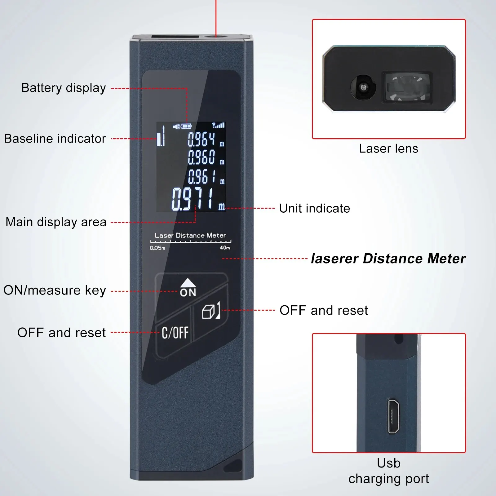 Mini Laser Rangefinder Digital Tape Measure Laser Ruler USB Charge Aluminum Alloy Fuselage Portable Digital Laser Distance Meter