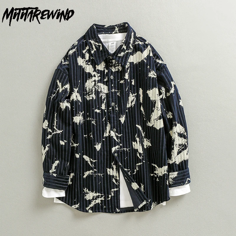 

Retro Printed Shirts Man Spring and Autumn Streetwear Men Loose Shirt Causal Corduroy Long Sleeve Shirts Youth Fashion Overshirt