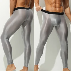 Men Sexy Ultra Thin Ice Silk Leggings High Elastic Breathable Pants Warm Sweatpants Oil Smooth Fitness Tights Leggings Plus Size