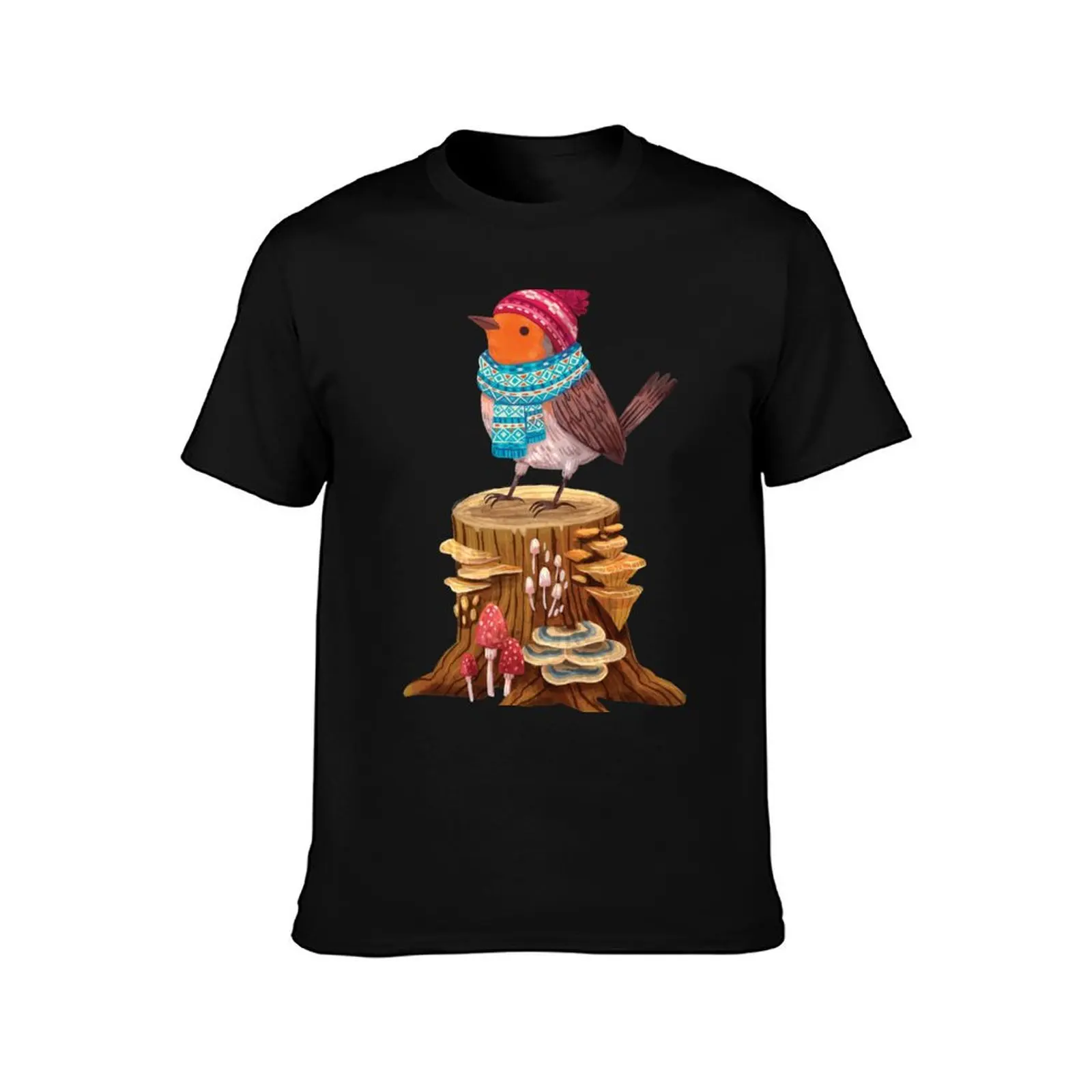 Robin Bird in a cozy winter scarf and hat T-Shirt Classic Print Short Sleeve Shirt T-Shirt