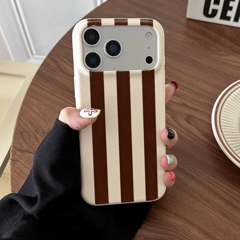 Brown and White Striped Lychee Texture Soft Phone Case For iPhone 17 16 Pro Max 15 14 Plus 13 12 11 Pro Max 17Air Silicone Cover