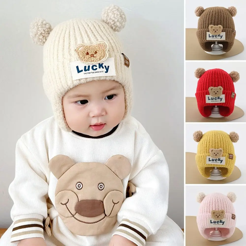 6-24Months Windproof Solid Color Baby Knitted Hat Soft Cute Winter Hat Plush Ball Cartoon Children Warm Cap Boys Girls