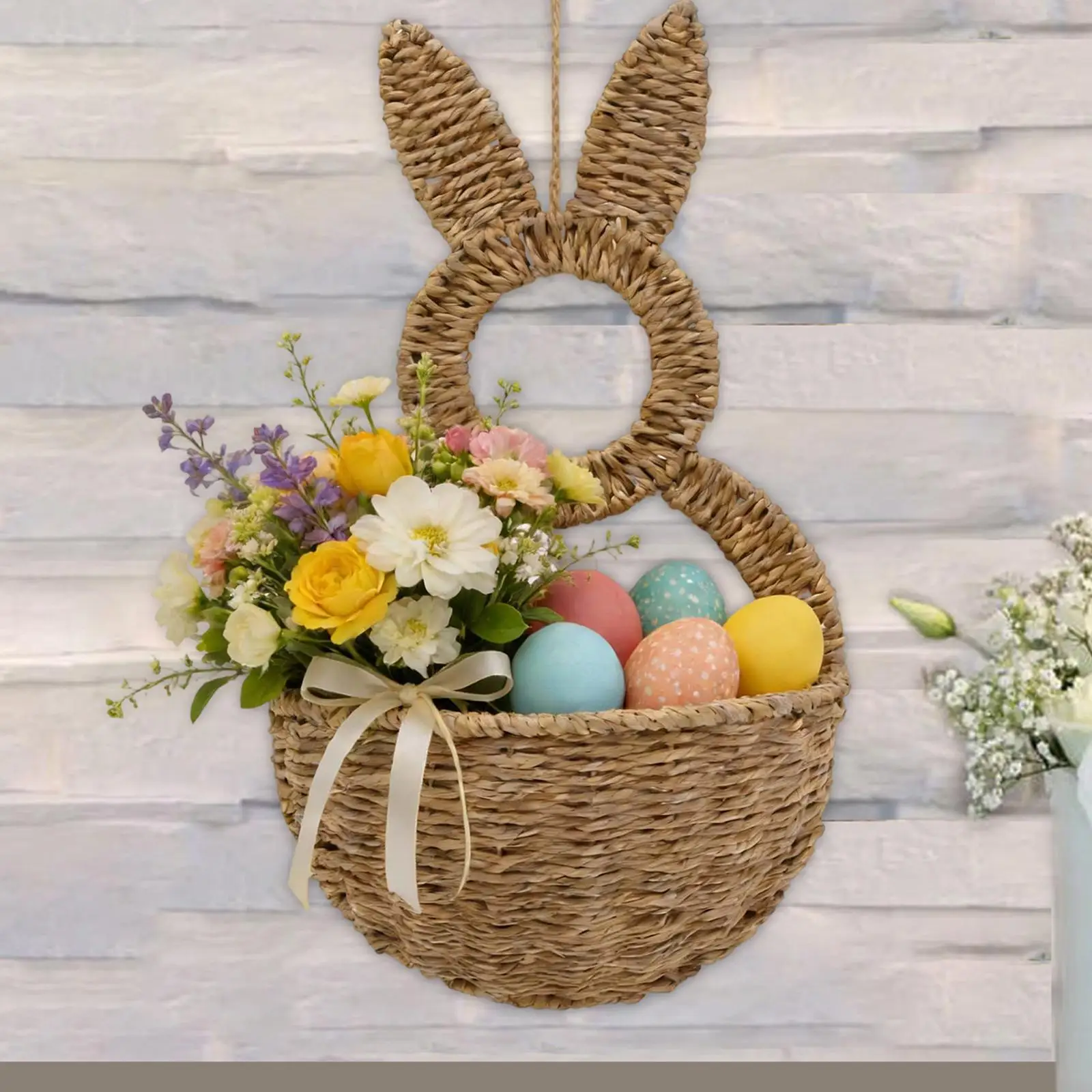 

Плетеная вручную корзина с пасхальным кроликом, прочная ротанговая подарочная корзина, декоративный карман для двери, для весеннего оформления дома